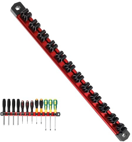 YUNYOUC Magnetic Spanner Organiser & Screwdriver Holder, Strong Magnetic Tool Holder, Tool Organisers for Garage & Workshop, Heavy Duty Aluminum Rail with 16 Slot, 7.5LB Capacity Weight(Red)