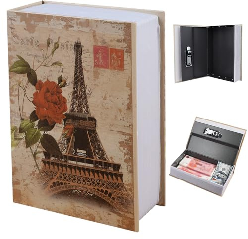 Buchtresor mit Zahlenschloss, Buchsafe Tresor, 24 x 16 x 6cm Umleitungsbuch Versteckter Safe, Ablagebuch Safe Aufbewahrungsbox für Schlüssel, Geld, Schmuck und Wertsachen (Pariser Turm Stil)