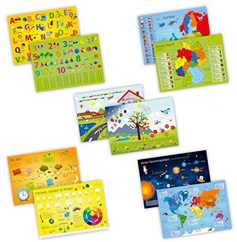 nikima - 5er Set Schreibtischunterlage mit Lerneffekt - Karton - ABC, Deutschland, die Erde, Englisch. - Größe: A3 für Kinder