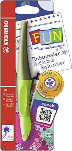 Ergonomischer Tintenroller - STABILO FUN in limettengrün/khaki - inklusive 2 Aufkleberkarten zum Sammeln - Schreibfarbe blau (löschbar)