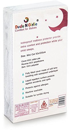 Dudu N Girlie Mini Cot Mattress Protector Waterproof 50 x 100 -Space Saver Cot Mattress Protector- Mattress Cover for Baby Breathable and Non-Noisy Anti-Bacterial and Fully Fitted.