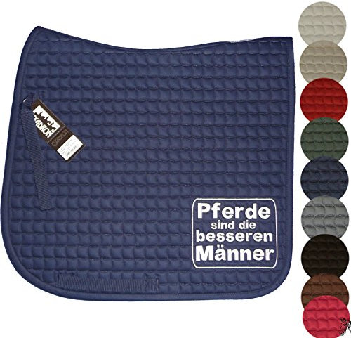 Eskadron 'Pferde sind die bessern Männer' Vielseitigkeits Spruch-Schabracke, Schabrackenfarbe:Choco, Garnfarbe:dunkelgrün