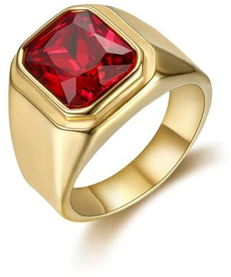 BOBIJOO Jewelry - Bague Chevalière Homme Cabochon Carré Acier INOX Doré Or Fin Plaqué Faux Rubis - 71 (13 US)