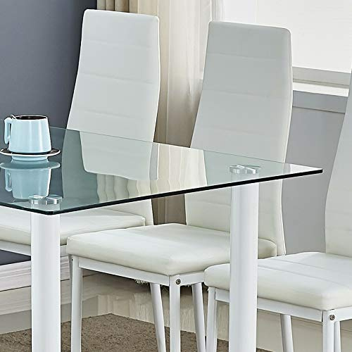 KOSY KOALA Dining Table and 4 Chairs White Clear Glass Table 4 White Leather Chairs Dining Room