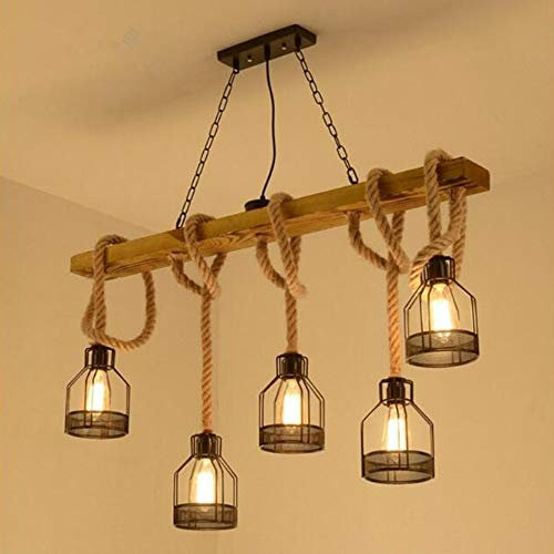 Rustic Wood Industrial Hanging Light Retro Hemp Rope Ceiling Pendant Light Metal Iron Cage Lamp E27 Light Fixture Chandelier for Kitchen Island Living Room Dining Room Restaurant Decoration 5 Lights