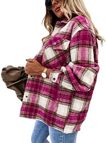 Onsoyours Camicia da Donna in Stile Casual da Boscaiolo Plaid Flanella A Quadri Camicia Imbottita da Lavoro di Cotone Cappotto Invernale E Rosa Rossa M