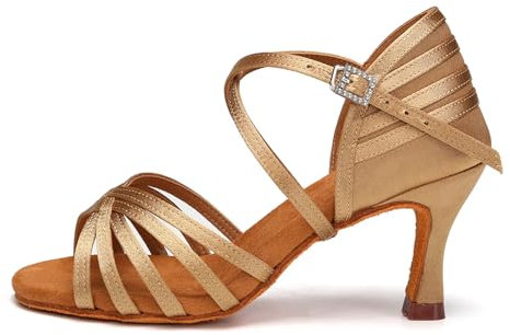 AOQUNFS Donna Scarpe da Ballo Latino Americano Raso Tacco Alto Scarpe da Salsa Tango Bachata Samba Rumba da Pratica e Performance,2324-7.5-Beige,EU38
