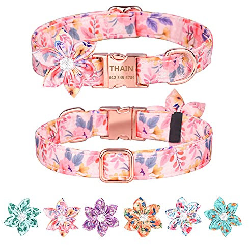 THAIN Custom Flower Girl Dog Collar Personalised for Female Dogs- Floral Pattern Engraved Dog Collars with Name plate Personalized Rose Gold Buckle (M(neck 12.2-19.6), Pink Flower)