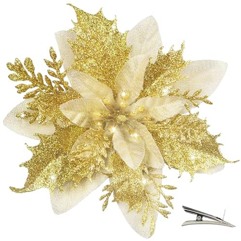 MIKAILE 20 Pezzi Fiori per Albero di Natale con Clip, 4 Piani Fiori Natalizi per Decorazioni con Glitter Polvere, Fiori Artificiali Natalizi, Fiori Finti per Decorazioni Ghirlanda Tenda (Oro)