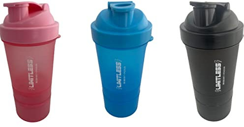 2 PACK PROTEIN BOTTLE SHAKERS WITH TIGHT LIDS FOR SPORTS AND FITNESS with compartments (3 PACK, PINK,BLUE,BLACK)