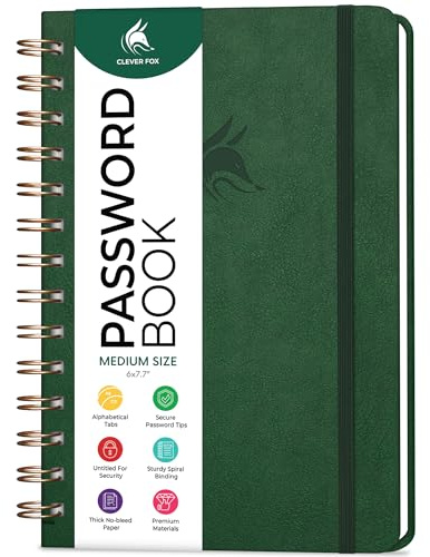 Clever Fox Carnet de mots de passe à spirale – Carnet d'adresses Internet avec onglets alphabétiques, carnet de mots de passe et organiseur – Moyen 15,5 x 19,6 cm (vert foncé)