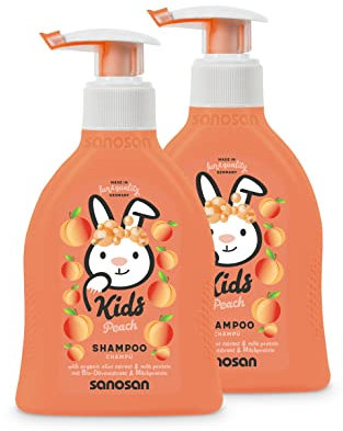 sanosan Shampoo Pfirsich für Kinder & Babys 2x 200 ml - Haarshampoo mit Bio Olivenextrakt & Milchprotein - Haarpflege, Haar Shampoo für Kind & Baby