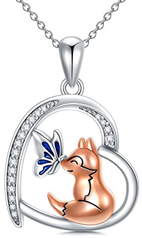URONE Fuchs Herz Halskette Sterling Silber Süßer Fuchs Anhänger Fuchs Schmetterling Halskette Tierschmuck Geschenk für Frauen Mutter Ehefrau
