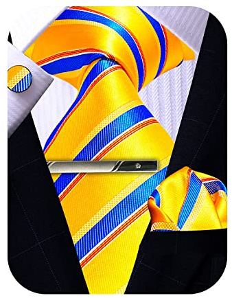ROBERTO GABBANI Herren-Manschettenknöpfe aus Seide mit Krawatten- und Einstecktuch, gewebtes Designer-Set für Hochzeit, Business, Abschlussball, Gelb Blau Rot, 8.5 cm