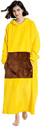 Sweatshirt, Damen, mit Kapuze, Übergröße, große Decke mit Ärmeln, warmer Pullover, Nachthemd, Tasche, TV-Decke, Flanell, Geschenkidee, Gelb-6044, One size