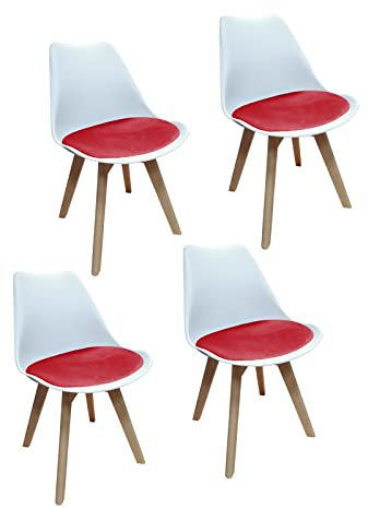 HTI living 4er Set Design-Stühle mit Sitzpolster Esszimmerstühle im skandinavischen Stil Esszimmerstuhl Kunststoffschale Samtbezug Holzfüße Weiß, Rot