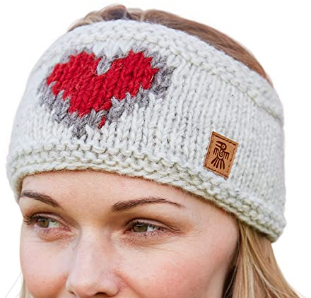Pachamama Women Wool Ear Warmer Headband Fleece Lined Handknitted Red Heart Pattern Oatmeal One-Size Handmade Fair Trade