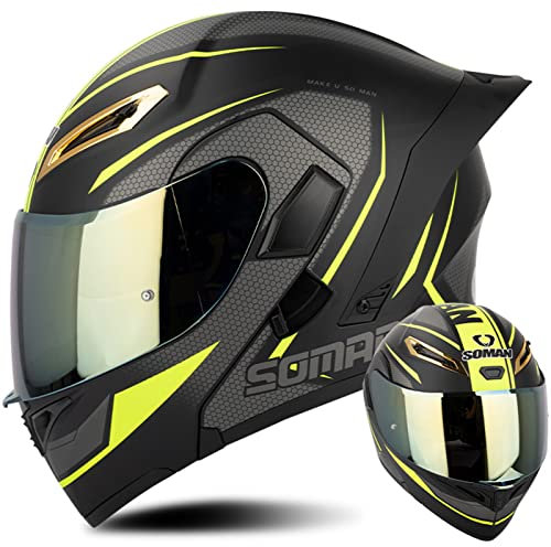 Integrierter Motorradhelm Motorrad Klapphelm mit Doppeltem Sonnenvisier Farblinse Rollerhelm DOT/ECE-Zertifizierung Integralhelm HD Doppelspiegel Sturzhelm für Männer Frauen,Schwarz Gelb-S(55~56cm)