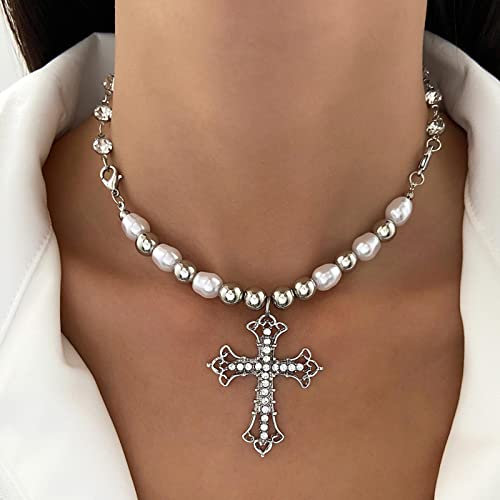 Wendalern Zirkonia Kreuz Halskette Vintage Barock Perlenkette Perlen Halskette Silber Cz Kreuz Anhänger Halskette Glänzend Diamantkette Glaube Kreuz Choker Halskette Y2k Schmuck Für Frauen Und Mädchen