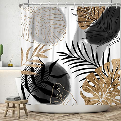 Ttincceer 183x213cm Abstrakte Pflanze Blatt Duschvorhang Set, Schwarz Gold Palm Monstera Blatt Badezimmer Vorhang Abstrakte Tropische Pflanze Duschvorhänge Waschbar Badewanne Vorhang
