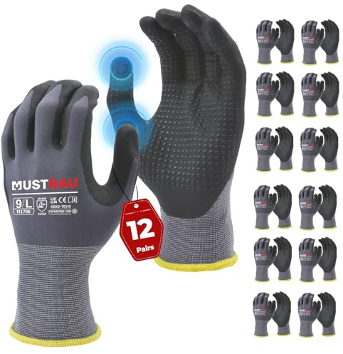 Mustbau Arbeitshandschuhe Schwarz mit Touchscreen, Arbeitshandschuhe Herren mit Nitril Beschichtung für Montagearbeit，Mechaniker, Gartenarbeit und Bauarbeiten, Gr. L, 12 Paare