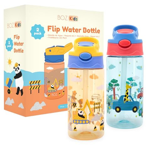BOZ - Trinkflasche Kinder - 2 Flaschen - Einfacher Strohhalm auf Knopfdruck - BPA freie Kinderflasche mit Auslaufsicherem Design - Für Jungen ab 3 Jahren geeignet - Auto und Baustellen Motiv