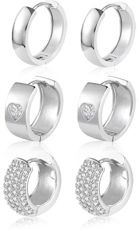 ALEXCRAFT Ohrringe Silber 925 Creolen Damen, Creolen Silber 925 Klobig Kleine Ohrringe Set, 3 Paar Multipack Silber Knorpel Ohrringe Huggie Creolen Klobig Leicht Breit Glitze Strass Zirkon Creolen