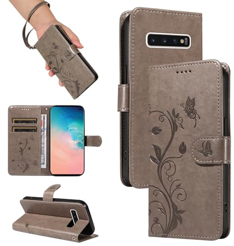 SRISHP Hülle für Samsung Galaxy S10 Handyhülle, Grau | Premium PU Leder, Handyhülle Mit Band, Magnet Flip Case, Kartenfächer, Ständer Klappbar Tasche, Standfunktion Schutzhülle