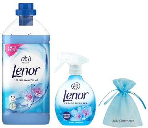 Lenor Fabric Conditioner, 52 Washes, 1.82L & Lenor Crease Releaser Spray, Removes Creases in Fabric, 500ml, Spring Awakening Bundle Scent + for You - Organza Small Bag