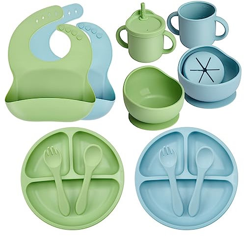 MumEZ Silikon Baby Geschirrset, Rutschfest Kindergeschirr Set mit Saugnapf, 14 Stück BPA Frei Esslernbesteck Sets mit Löffel Gabel Schüssel Lätzchen Becher Trinklernbecher und Teller