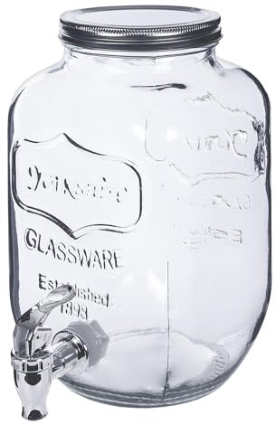 Dispensador de Bebidas con Grifo de Cristal. A Elegir en Tres Tamaños. Dispensador de Zumo, Agua, Vino, Refrescos. Transparente, con Grifo de Plástico Metalizado y Tapa para Evitar Derrames. (3,8L)