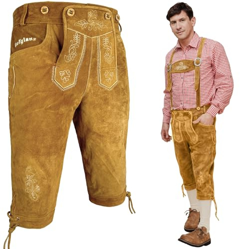 HOFGLANZ® Trachten Lederhose Herren Lang [INKL. HOSENTRÄGER] - Hochwertige Trachtenhose für Herren mit Kniebund - Bayrische Echtlederhose Braun für Oktoberfest Bequem (Größen 46-58)