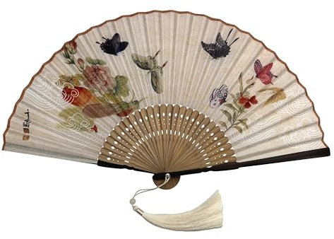 FANSOF.FANS Vintage Artwork Printed Premium Silk Fabric Handheld Folding Fan with Grade A Bamboo Ribs for Women Girls Event Birthday Wedding Favour With Tassel and Pouch (Butterfly Garden)