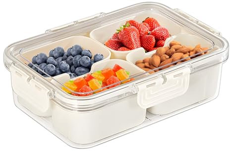 GJV Snack Box Container, Divided Serving Tray with Lid and Handle 4 compartments Snackle Box Container, Snack Organizer for Adults Fruit Tray, Veggie Tray, Lunch Box,Condiment Box Multipurpose