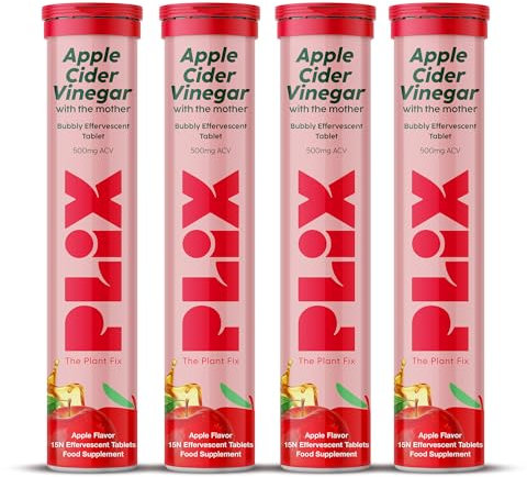 PLIX - The Plant FIX Apple Cider Vinegar 60 Effervescent Tablet, ACV with Mother for Weight Loss and Easy Digestion, Vitamin B6 & B12, Pack of 4 (Apple), 100% Vegan, Easy to Carry & Consume