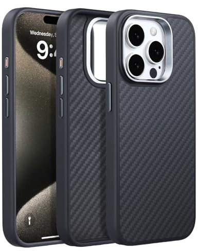 GESIHOPY Aramid Fiber for iPhone 15 Pro Max Case Compatible with MagSafe,Slim & Light Case,Military-Grade Drop Cover,Supports Wireless Charging, Black/Grey(Twill)