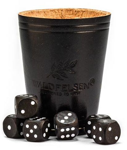 WALDFELSEN® Echtleder Würfelbecher (9 cm) mit 6 Holzwürfeln (16 mm) aus Buchenholz Lederbecher Würfelset Augenwürfel Spielwürfel (Farbe: Schwarz)