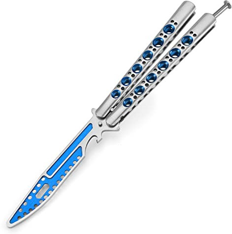 MARCOLO Entraîneur de papillons d'entraînement complet en acier inoxydable terne Balisong Trainer Peigne d'entraînement papillon non affûté pour CS GO Outil multifonctionnel avec clé hexagonale Bleu
