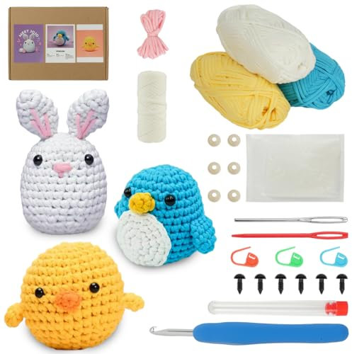Aucuu Häkel-Starterset für Anfänger, Tiere Häkelset für Anfänger, Häkelset für Tiere, Starter Häkeln Tiere Set für Erwachsene, DIY Häkel Set mit Häkelnadeln Häkelgarn Anleitung,Pinguin/Kaninchen/Küken