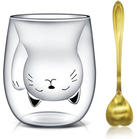 Afitdon Süße katzen Tasse Doppelwandige Katzenbecher Süße Tassen mit Katzenmotiven mit Löffel Geschenk für katzenliebhaber 280 ml für Cappuccino, Latte Macchiato, Tee, EIS und Milch(Glückliche Katze)