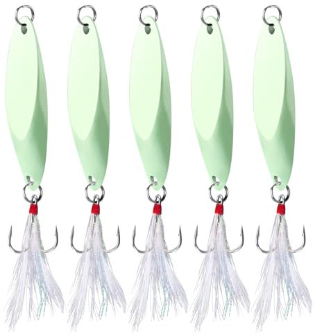 Alwonder Sea Fishing Spinners Lures Dexter Wedge Spoons Metal Jig Spoons Feather Treble Hook with Flash Foil Long Cast for Bass Cod Mackerel Boat Kayak Fishing 21g Glow in Dark