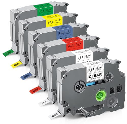 UniPlus 6x Kompatibel Tze 6mm 0,24 Etikettenband als Ersatz für Brother TZe-211 TZe-111 TZe-411 TZe-511 TZe-611 TZe-711 für P-Touch PT-H105 PT-H110 PT-H200 PT-H107B PT-D410 PTH100R PT-P710BT