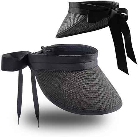 MILAKOO Sun Visor Hut Frauen Einstellbar Breite Krempe Cap UV-Schutz Faltbar Stroh Strand Pferdeschwanz Hut mit Band