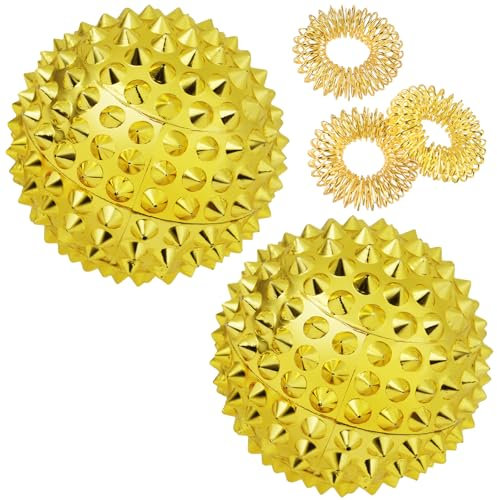 URAQT Magnetischer Akupressurball,2 Stück Igelball Massage Small und 3 Massageringe für Finger, 47 mm Magnetic Spiked Massage Ball für Stress Relief für Rücken Beine Füße Hände(Gold)