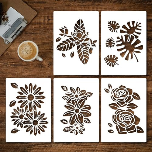 A4 Flower Stencils for Painting, 5PCS Wall Stencil for Crafts Reusable Flowers & Leaves Stencils for Garden Fence for DIY Art Wood Wall Furniture Fabrics Decor (29.7 * 21cm)