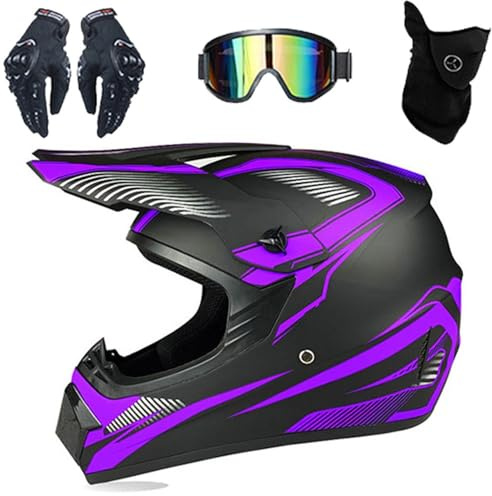 Motocross-Helm für Jugendliche und Erwachsene, DOT-geprüft, mit Schutzbrille, Handschuhen und Maske, Motorrad-Offroad-ATV-Sturzhelm(Purple Track,XL (58-59cm))