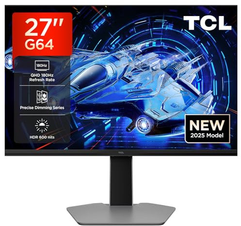 TCL 27G64 27” QD-Mini-LED Monitor, QHD resolution, 180Hz, Fast-HVA panel, HDR 600 nits, 1ms GTG response time, AMD Freesync, G-Sync compatible