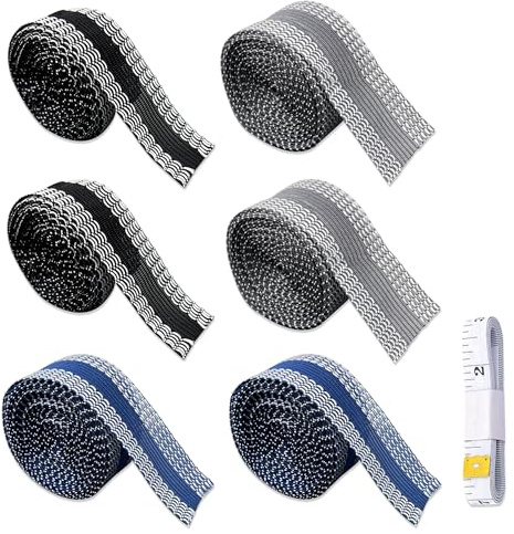 Nastro Termoadesivo per Tessuti, 6 Rotoli 5m x 2,5 cm Adesivo per Tessuti con Righello Morbido, 3 Colori Nastro Adesivo Termoadesivo per Pantaloni Vestiti Tende