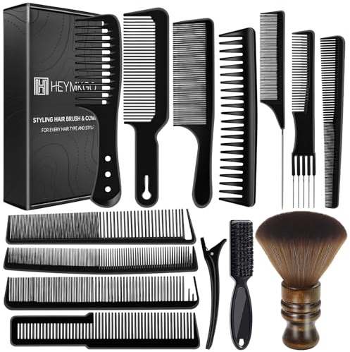 HEYMKGO Barber Kamm Set 14-tlg. Haarkamm Set für Kamm Männer & Damen mit Neck Duster, Profi Styling Breitzahnkamm, Rattenschwanzkamm, Clipper Bürste & Clips (Schwarz)