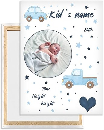 Ferocity Personalisiertes Geburtsbild 30 x 40 cm Geburtsanzeige Leinwand mit Foto & Geburtsdaten | Wanddeko fürs Babyzimmer | Geschenk zur Geburt Taufe Babyshower für Jungen Motiv Auto [128]